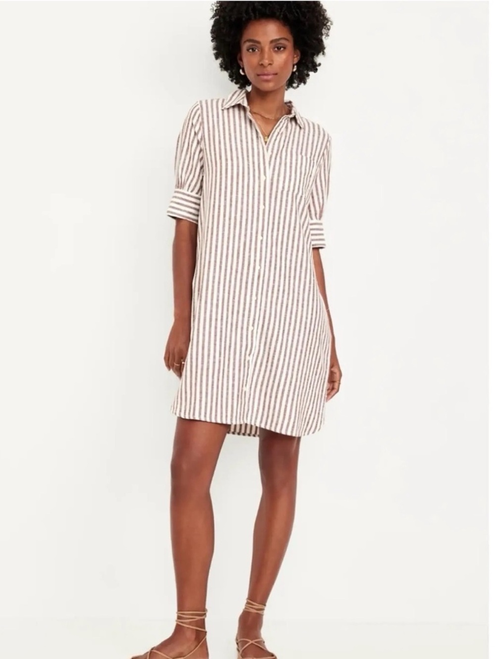 Old Navy Brown & White Striped Button-Down Shirt Dress